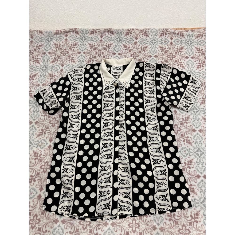 Vintage Chk Black White Polka Dot Floral Print Button Up Blouse Short Sleeve